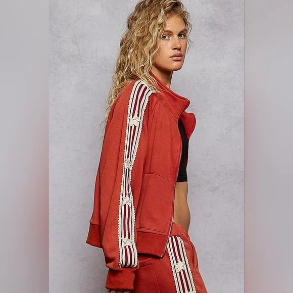 ​POL Star Patchwork Track Suit Set - Rust Red Orange Zip Jacket & Wide Leg
